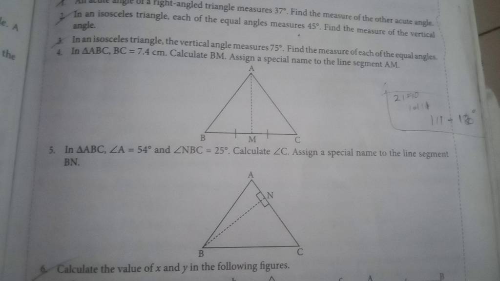 angle. 3. In an isosceles triangle, the vertical angle measures 75∘. Find..