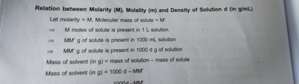 Relation between Molarity (M), Molality (m) and Density of Solution d( in..