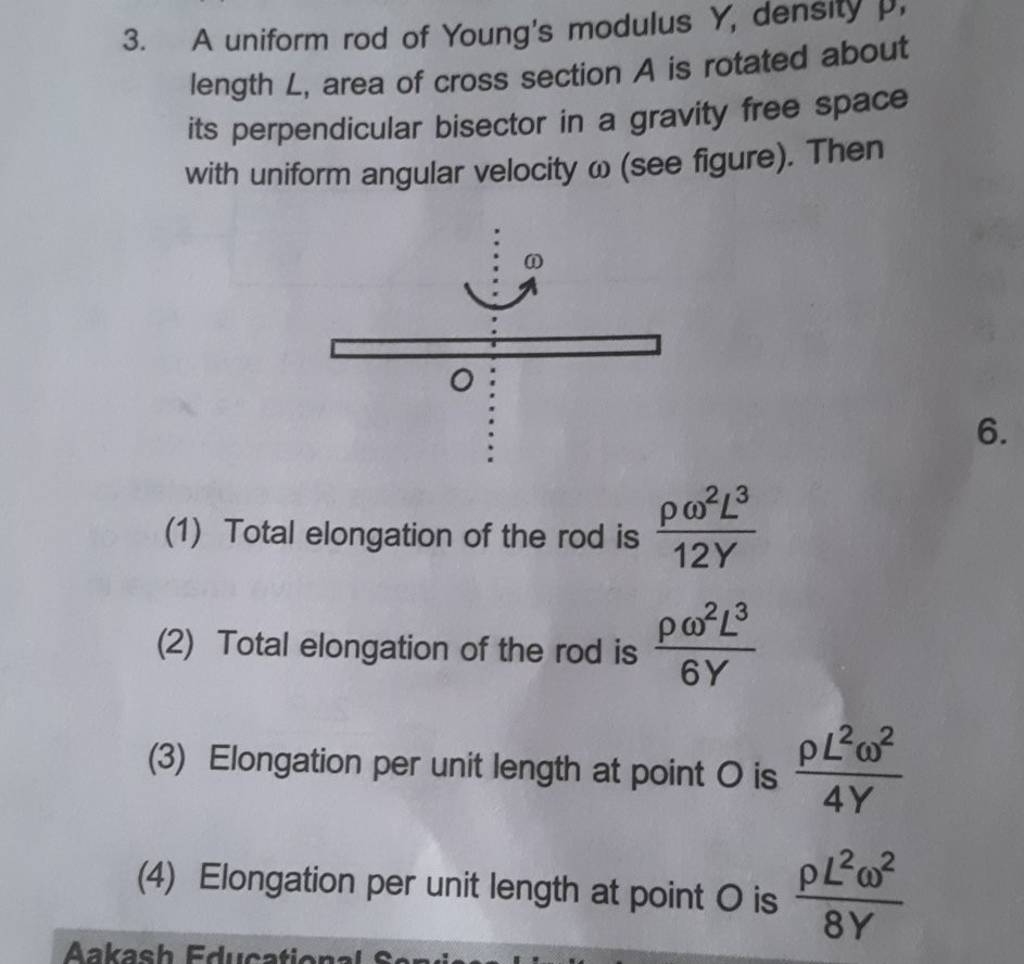 A uniform rod of Young's modulus Y, density ρ, length L, area of cross se..