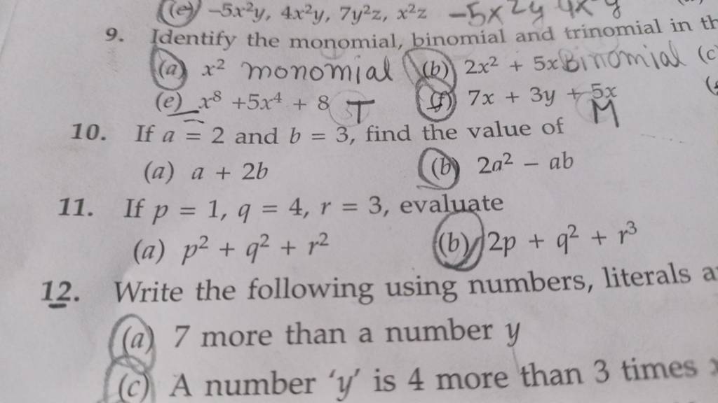 9. Identify The Monomial, Binomial And Trinomial In (a) X2 Monomial (b)