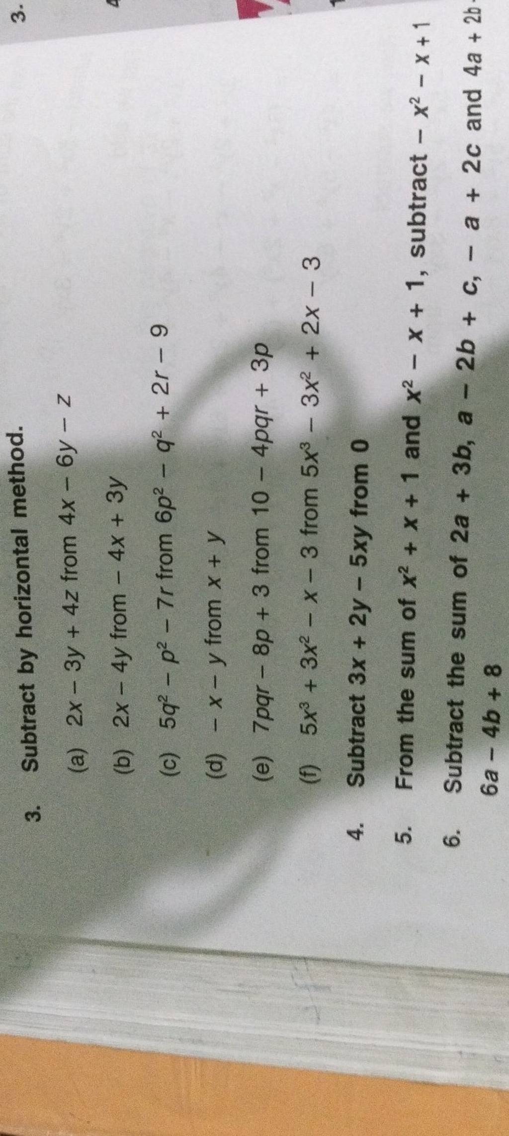 3-subtract-by-horizontal-method-a-2x-3y-4z-from-4x-6y-z-b-2x-4y-fro