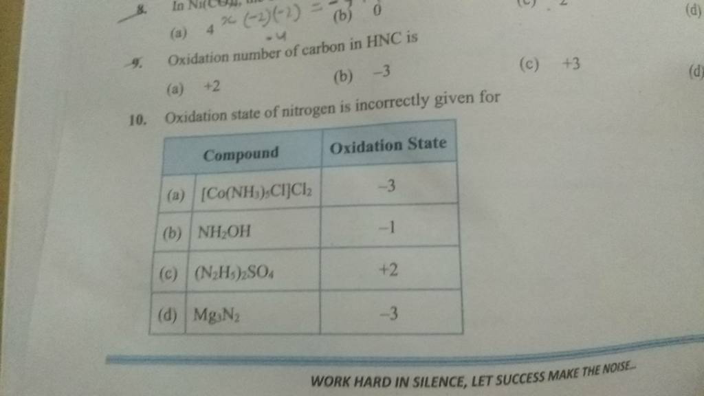 9. Oxidation number of carbon in HNC is (b) −3 (c) +3 (a) +2 10. Oxidatio..