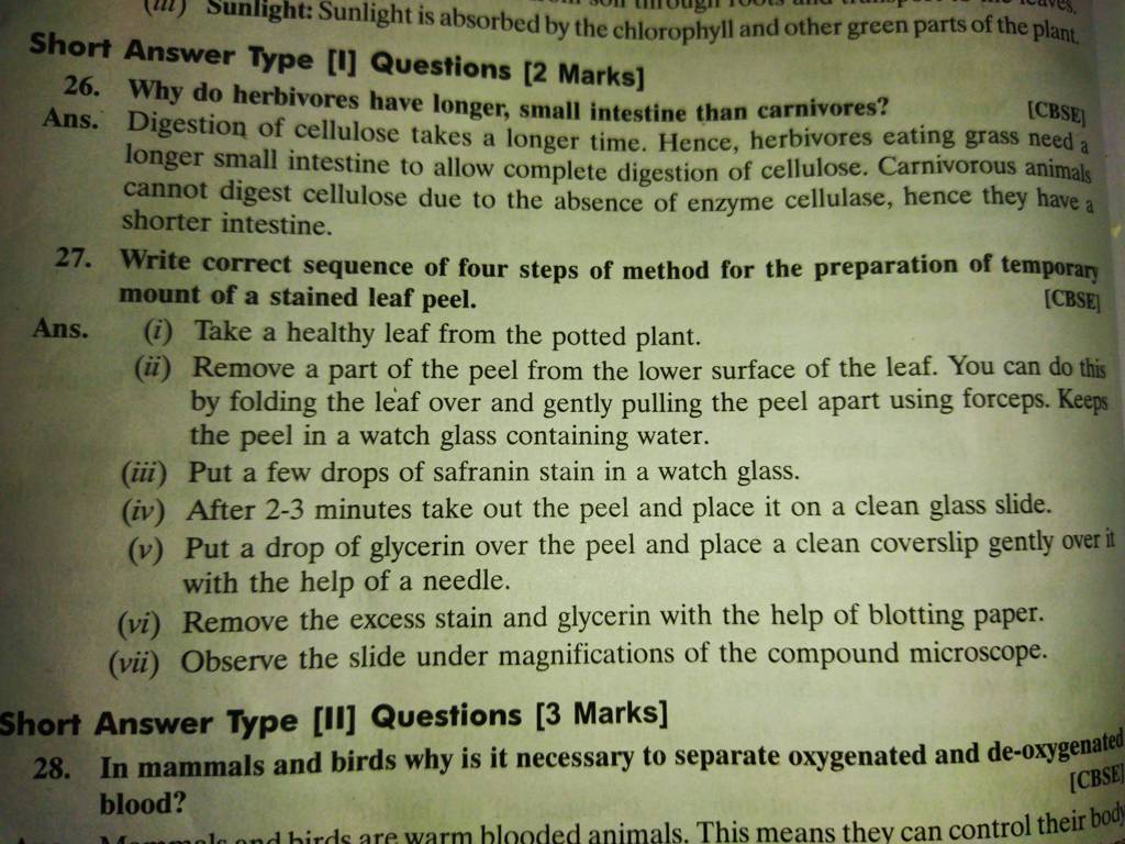 Short Answer Type [I] Questions [2 Marks] 26. Why do herbivores have long..