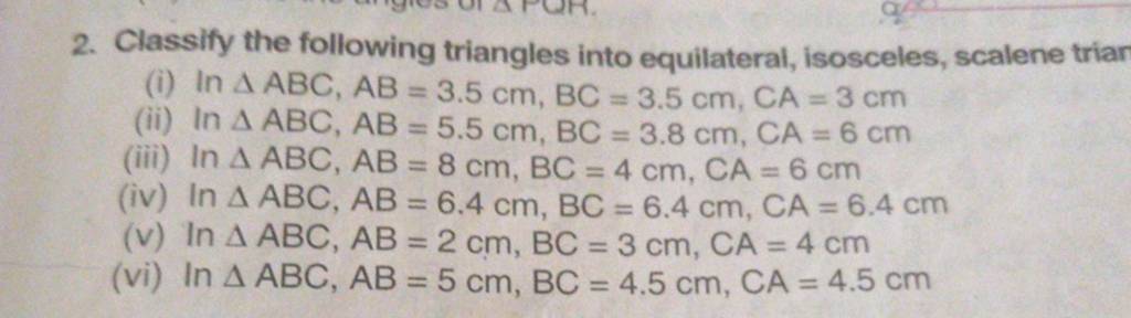 2. Classify the following triangles into equilateral, isosceles, scalene