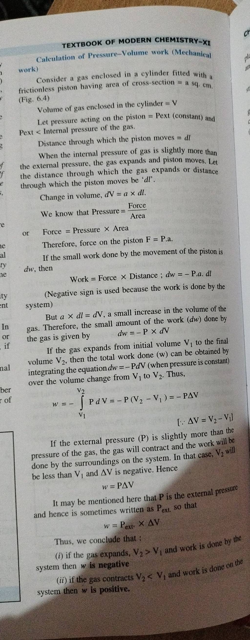 TEXTBOOK OF MODERN CHEMISTRY −XI Calculation of Pressure-Volume work (Mec..