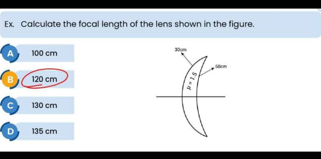 Ex. Calculate the focal length of the lens shown in the figure. A. 100 cm..