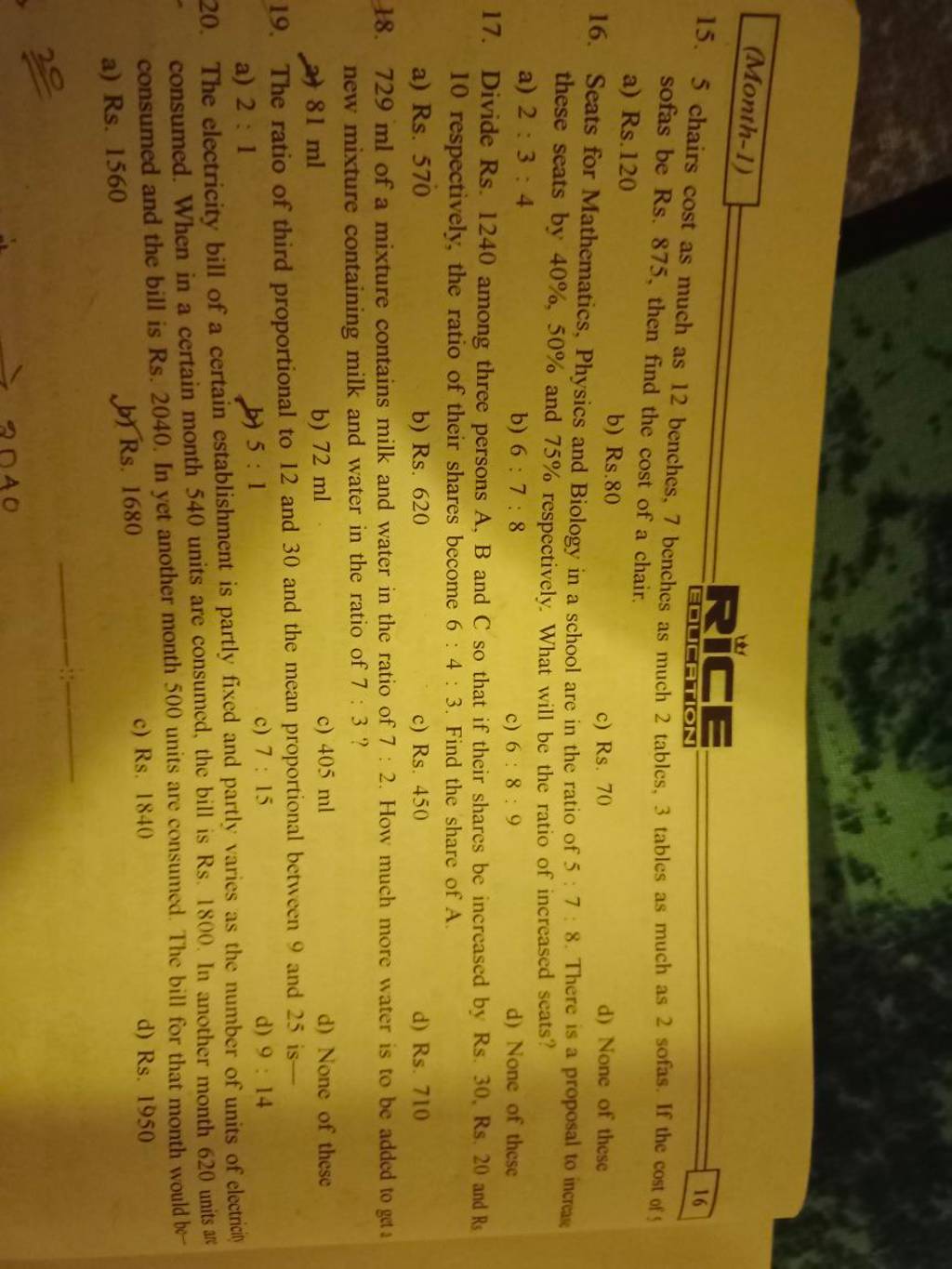 15. 5 chairs cost as much as 12 benches, 7 benches as much 2 tables, 3 ta..