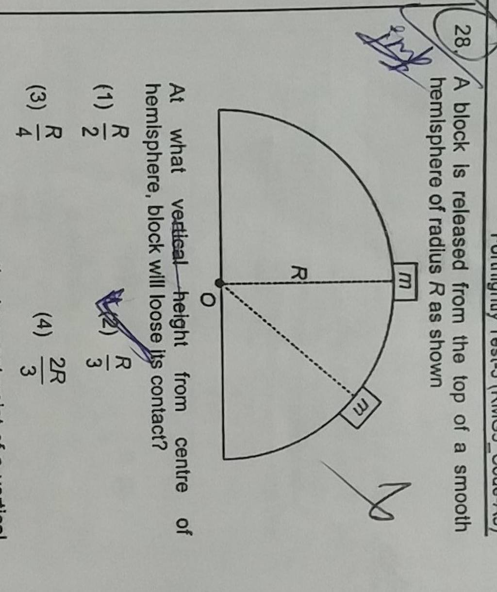A block is released from the top of a smooth hemisphere of radius R as sh..