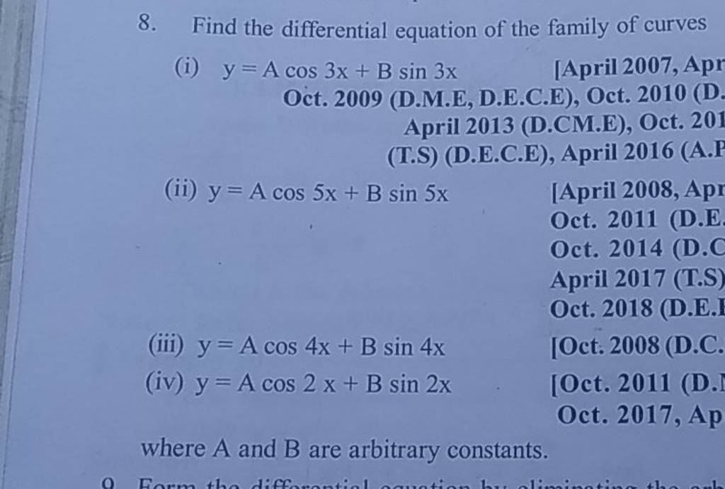 8. Find the differential equation of the family of curves(i) y=Acos3x+