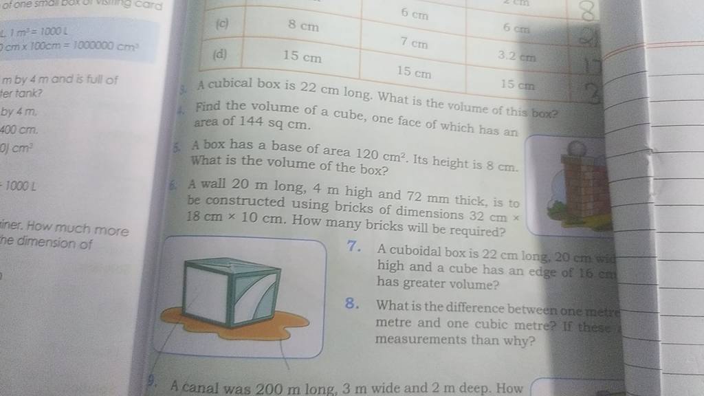 5. A cubical box is 22 cm long. What is the volume of this box? 4. Find t..