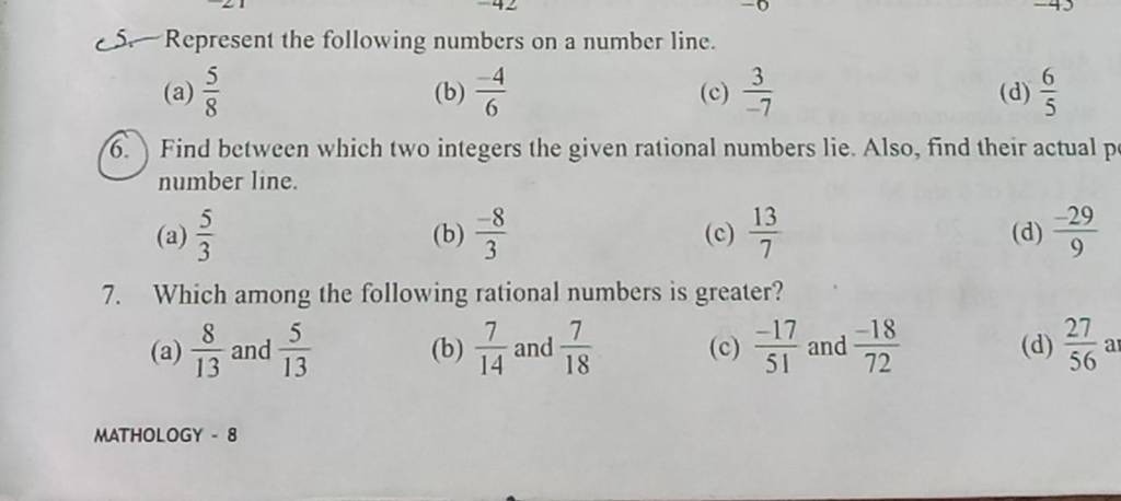 5.- Represent the following numbers on a number line. (a) 85 (b) 6−4 (c..