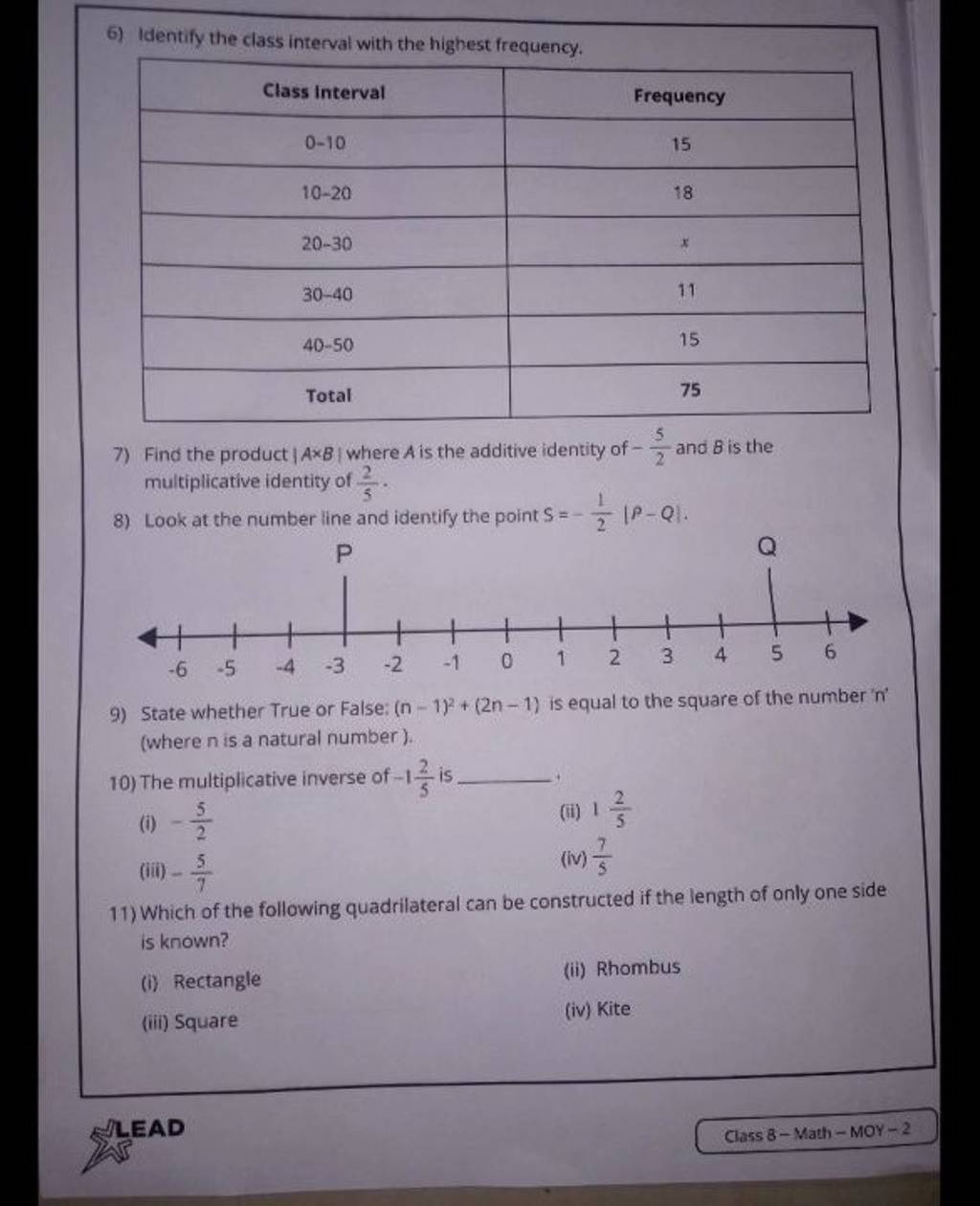 6) Identify the class interval with the highest frequency. Class Interval..