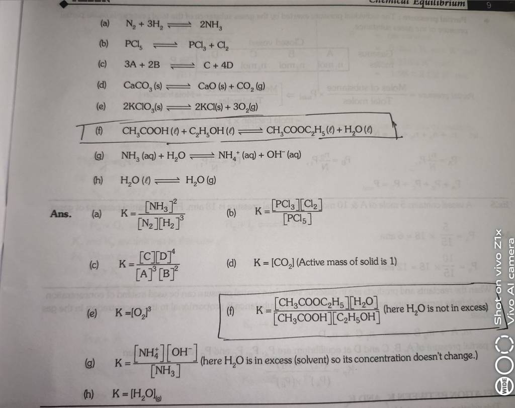 H2 O(ℓ)⇌H2 O(g) Ans. (a) K=[ N2 ][H2 ]3[NH3 ]2 | Filo