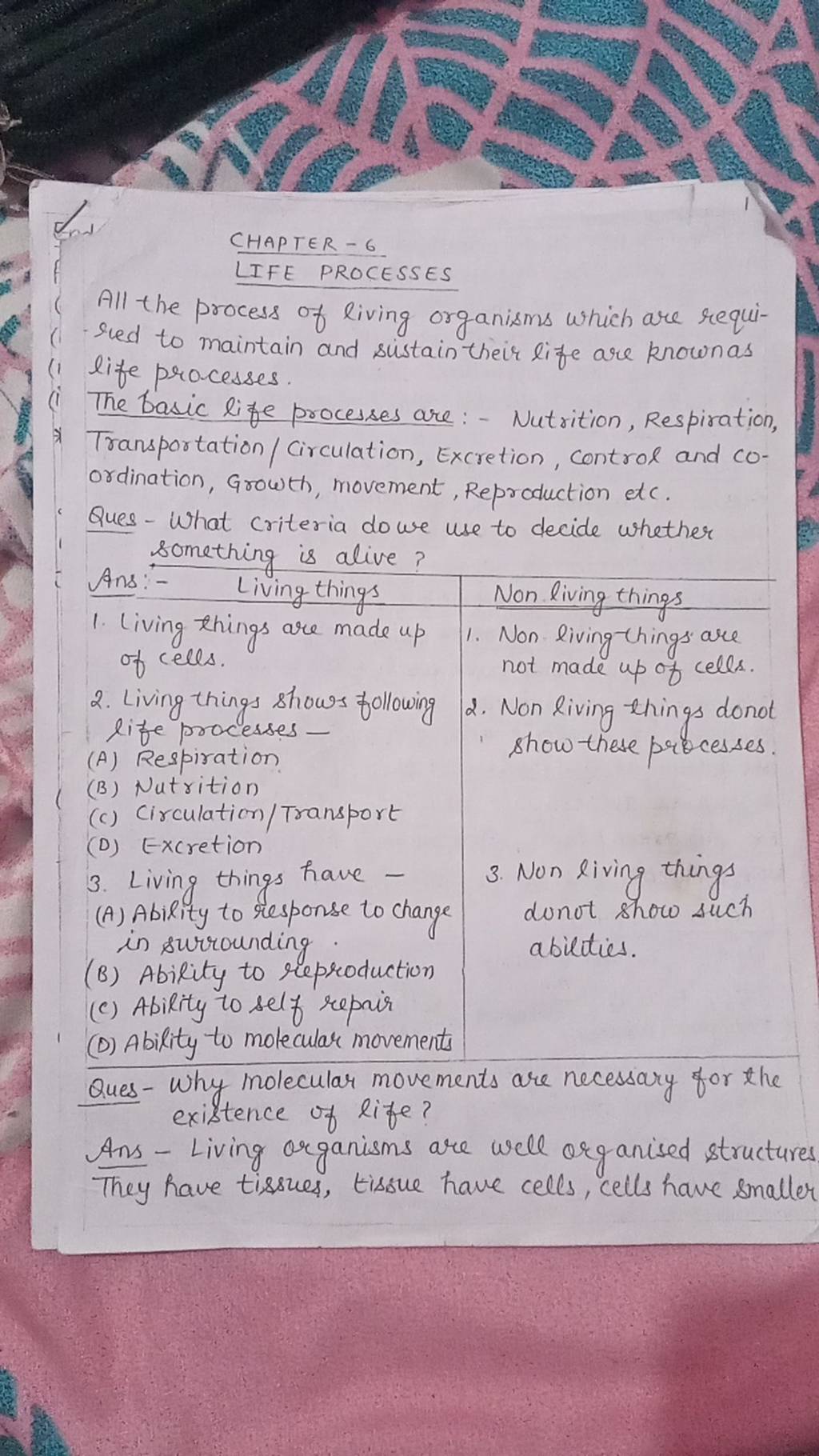 CHAPTER 6 LIFE PROCESSES All the process of living organisms which are