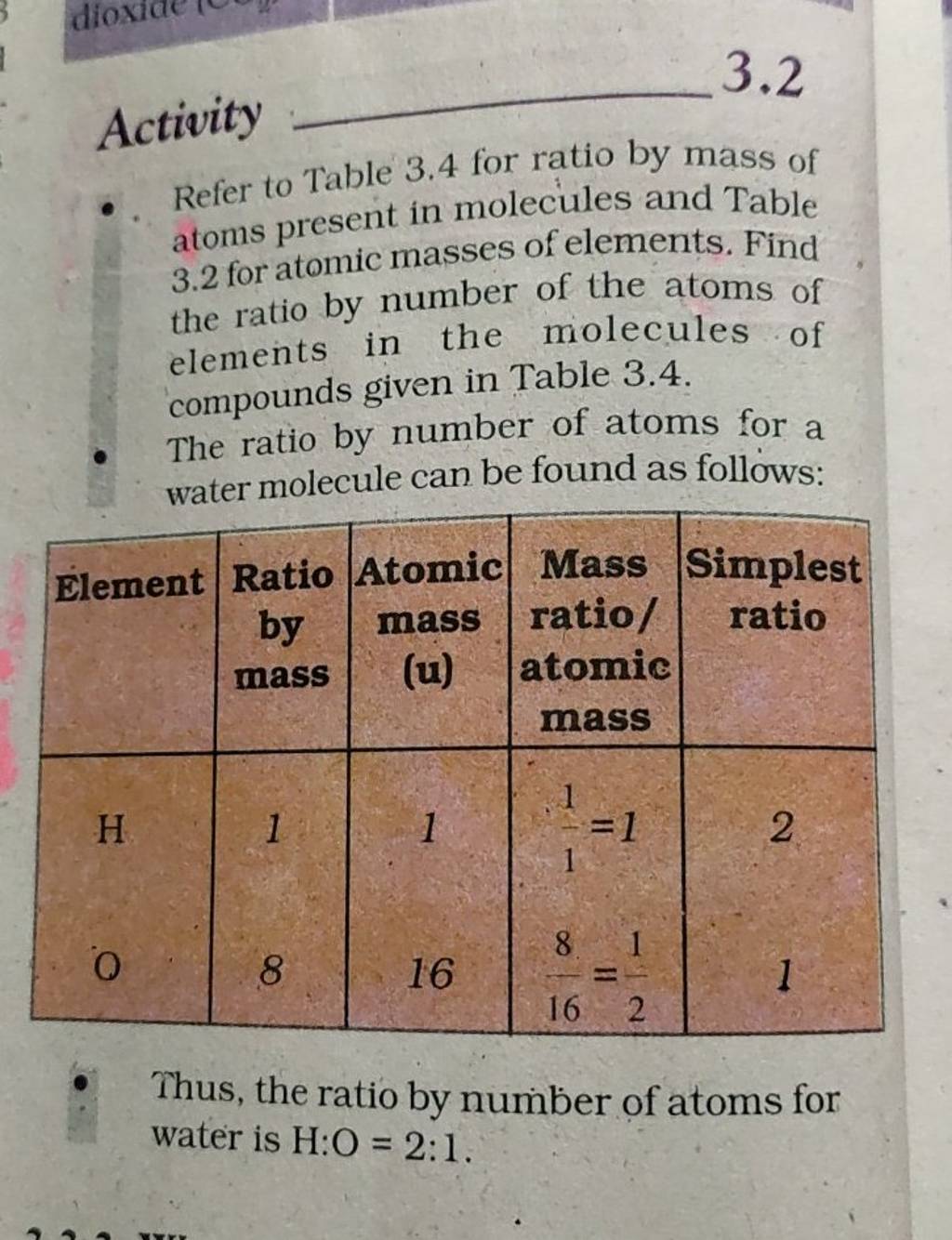  Refer to Table 3.4 for ratio by mass of atoms present in molecules and
