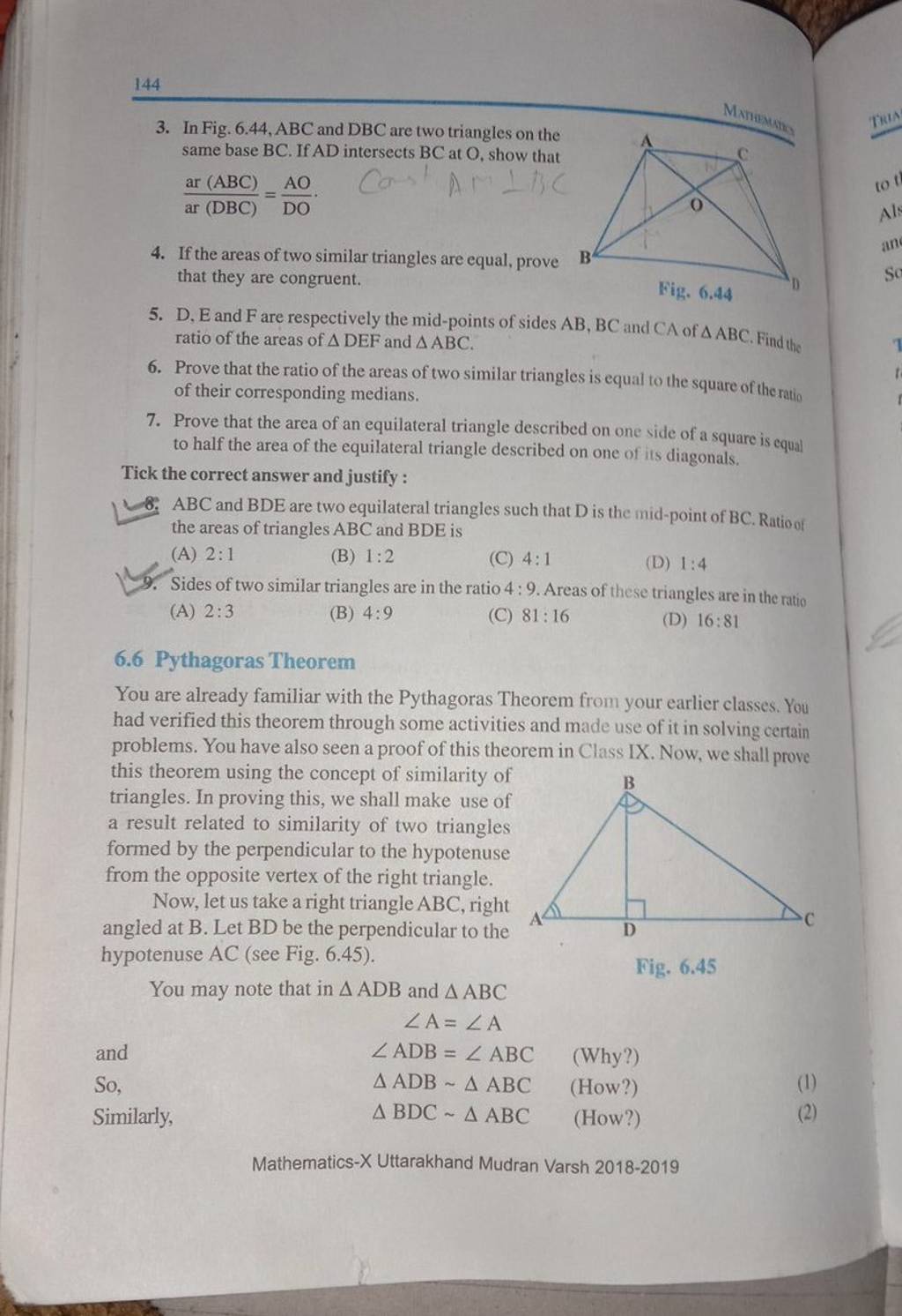 144 3. In Fig. 6.44,ABC and DBC are two triangles on the same base BC. If..