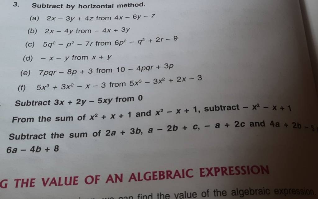 3 Subtract By Horizontal Method a 2x 3y 4z From 4x 6y z b 2x 4y Fro 3-subtract-by-horizontal-method-a-2x-3y-4z-from-4x-6y-z-b-2x-4y-fro