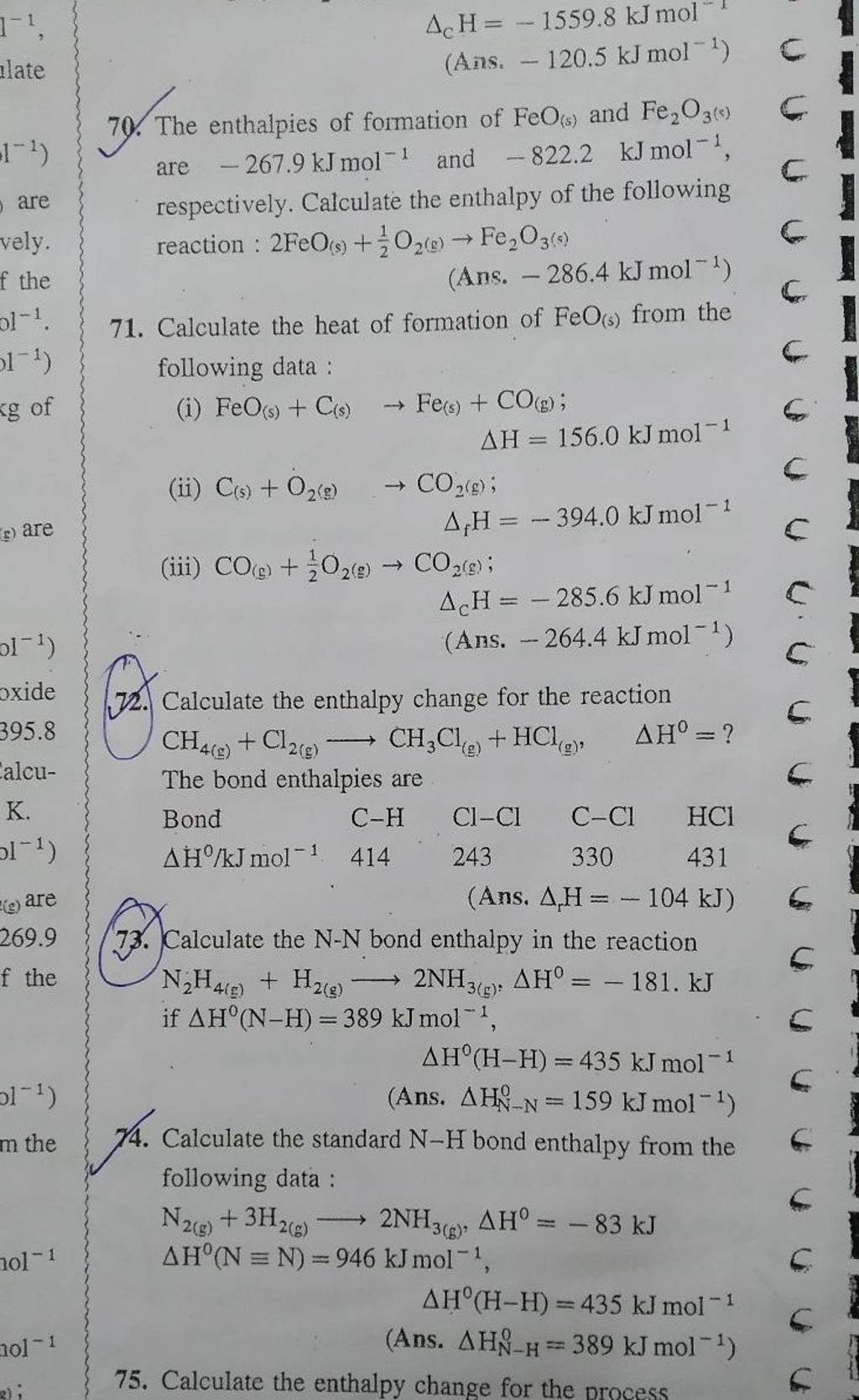 73. Calculate the N−N bond enthalpy in the reaction N2 H4( g) +H2( g) i..