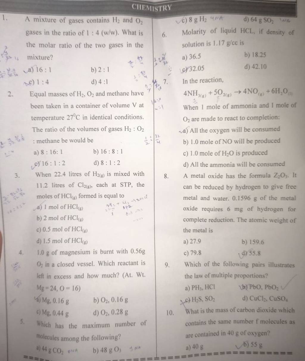 2. 3. 4. A mixture of gases contains H₂ and 0₂ gases in the ratio of 1:4