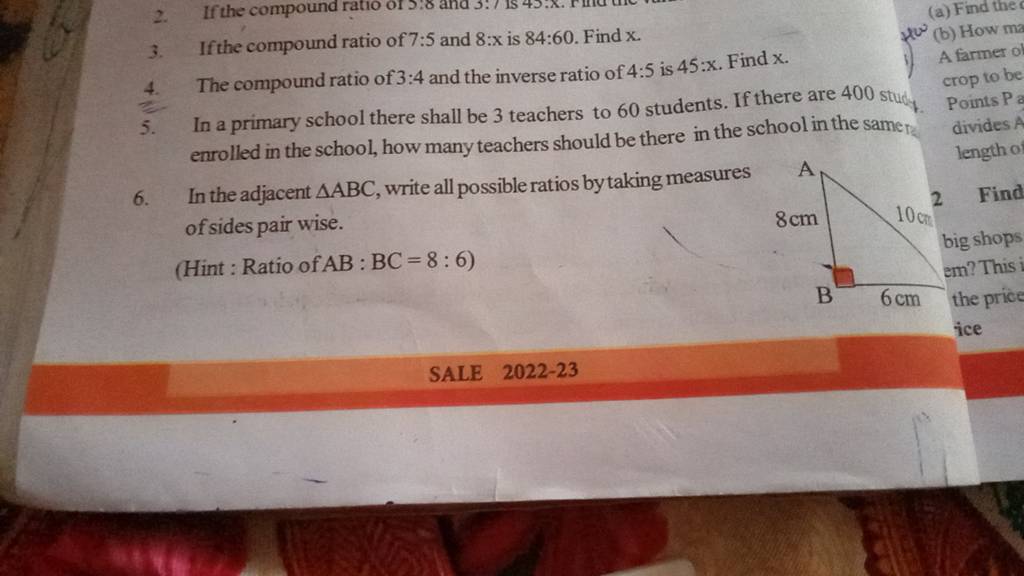 3. If the compound ratio of 7:5 and 8:x is 84:60. Find x. 4. The compound..