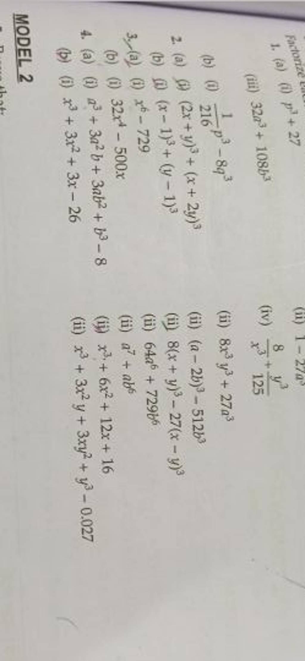 1. (a) (i) p3+27(iii) 32a3+108b3(iv) x38​+125y3​(b) (i) 2161​p3−8q3(ii