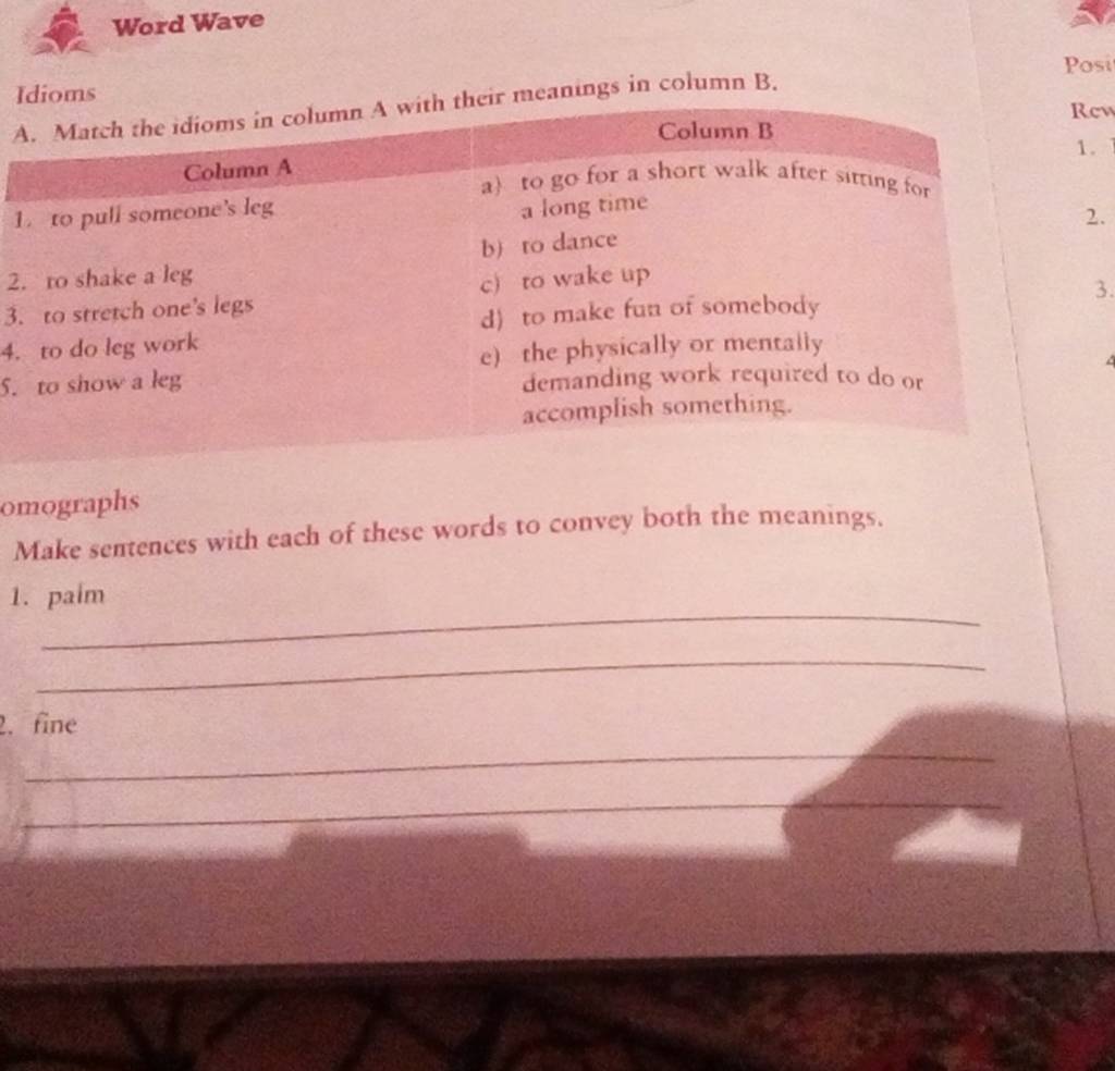Word Wave Idioms A. Match the idioms in column A with their meanings in c..