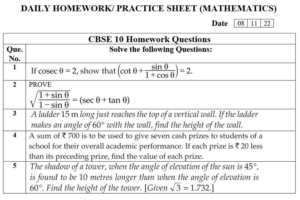 DAILY HOMEWORK/ PRACTICE SHEET (MATHEMATICS)Date081122CBSE 10 Homework