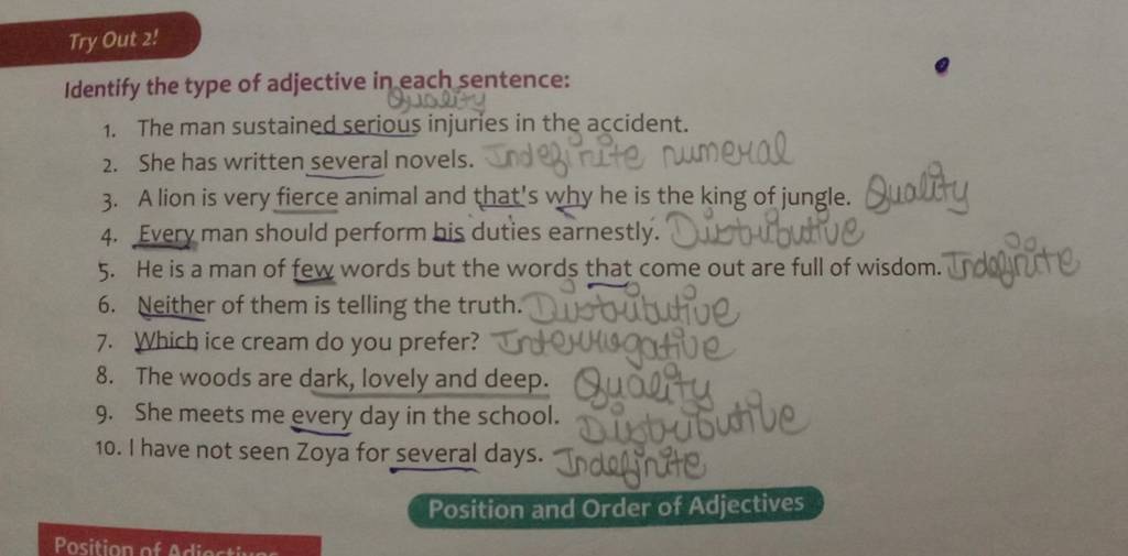 Try Out 2! Identify the type of adjective in each sentence: | Filo