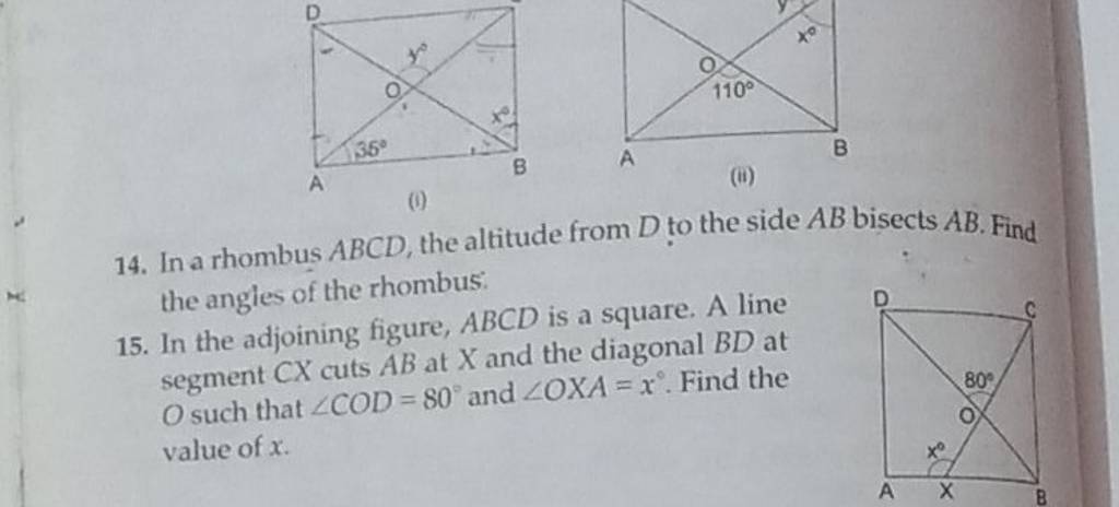 14. In a rhombus ABCD, the altitude from D to the side AB bisects AB. 