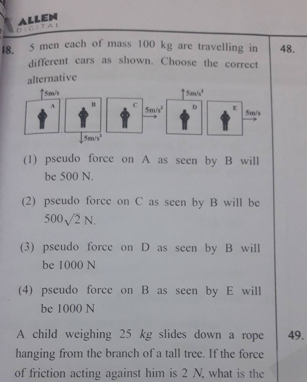 5 men each of mass 100 kg are travelling in different cars as shown. Choo..