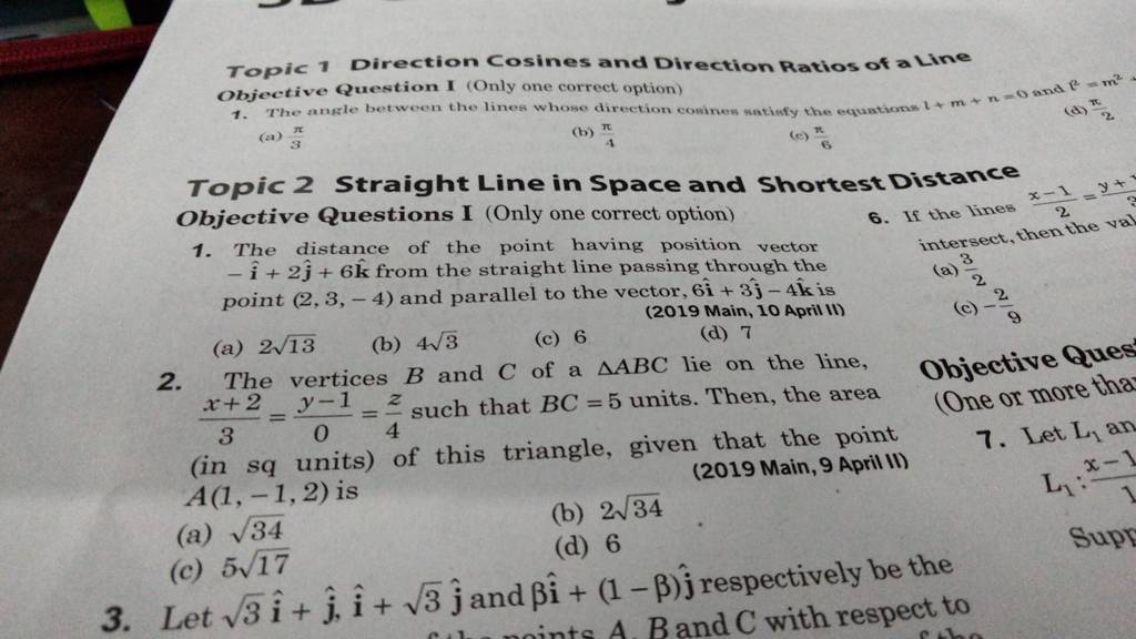 Topic 1 Direction Cosines and Direction Ratios of a Line Objective Que