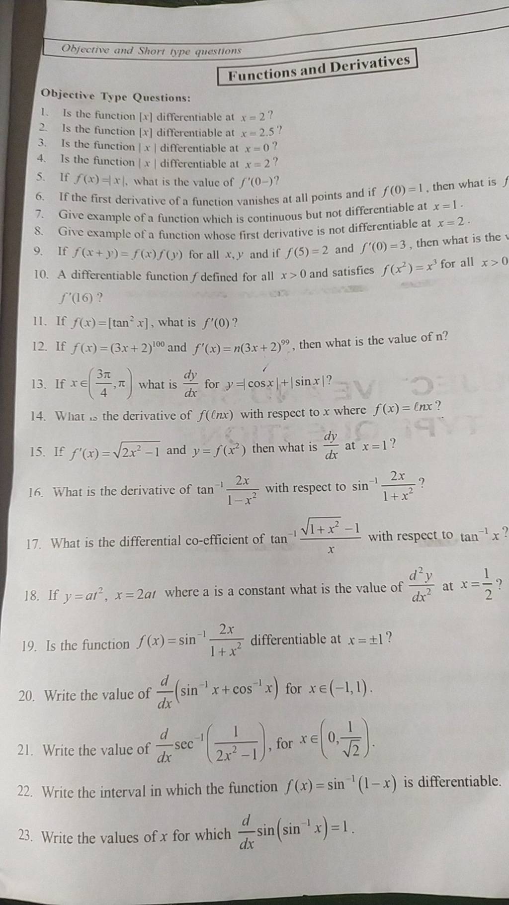Objective and Short type questions Functions and Derivatives Objective Ty..