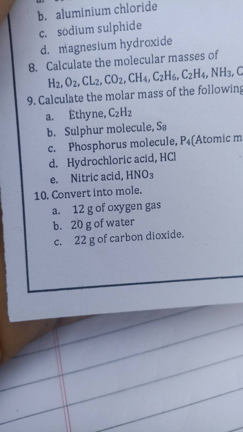 calculate the molar mass of c2h2 class 9