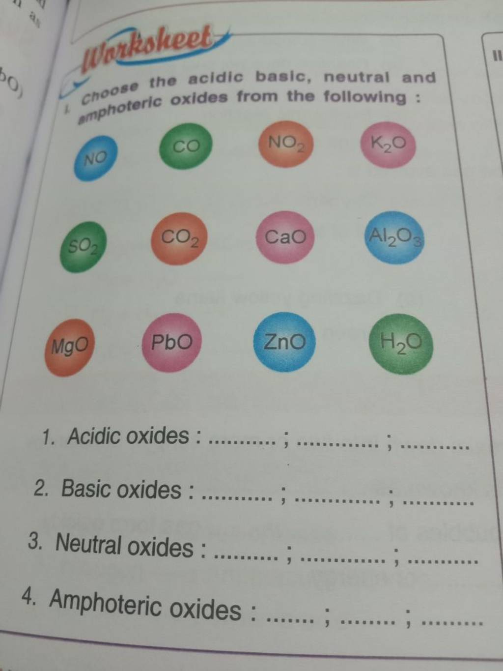 choose the acidic basic, neutral and amphoteric oxides from the following..