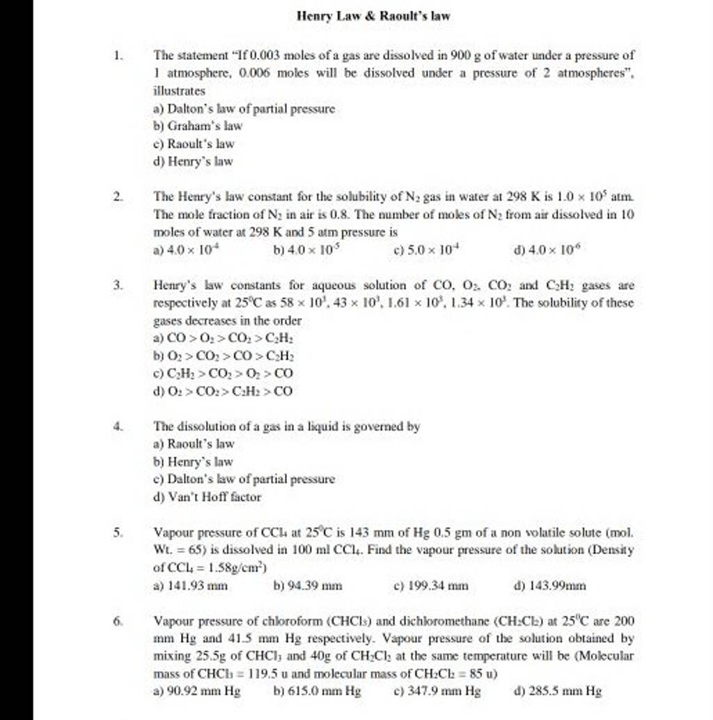 Henry's law constants for aqueous solution of CO,O2 .CO2 and C2 H2 gase..