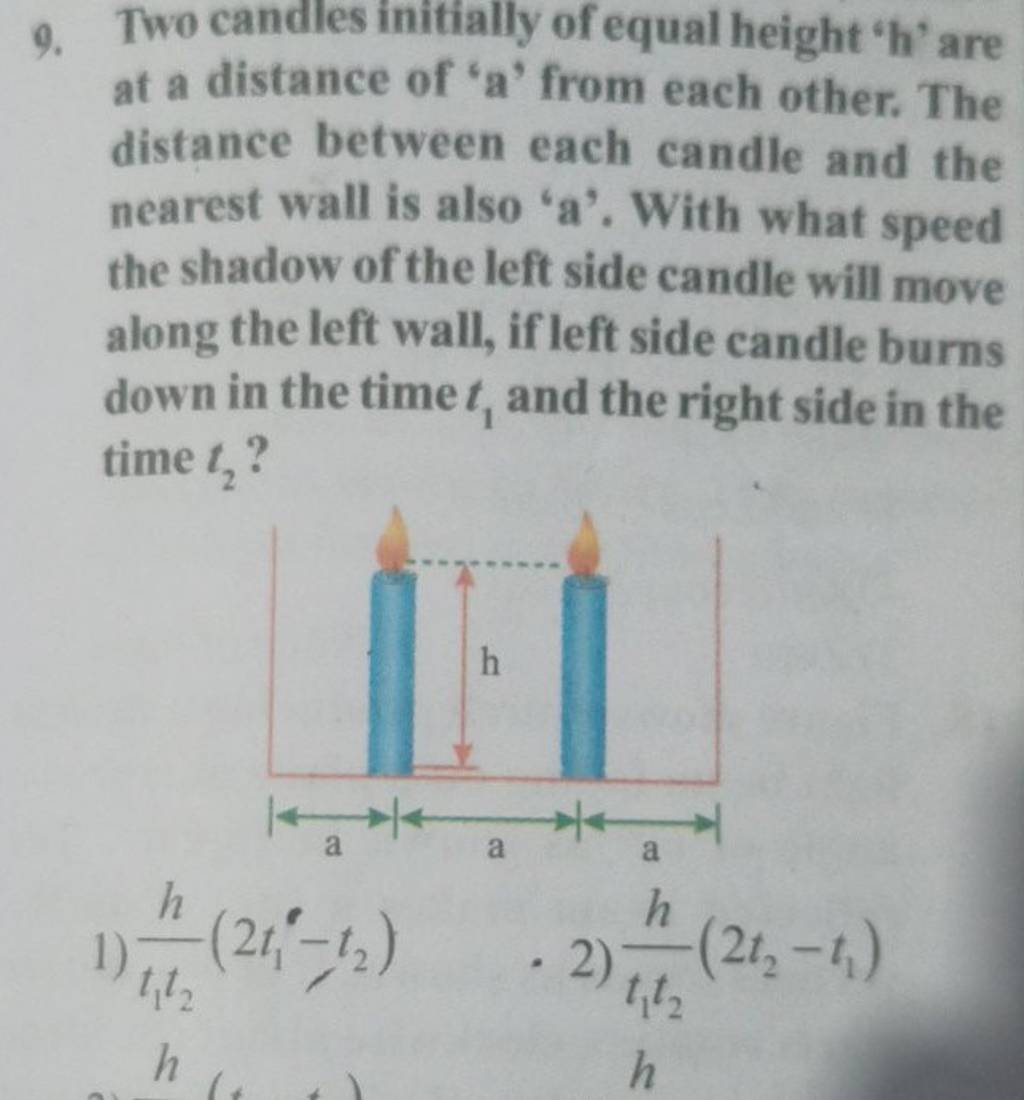 9. Two candles initially of equal height ' h ' are at a distance of ' a