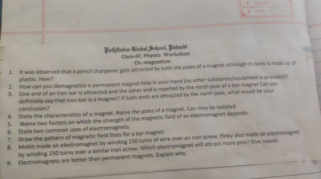 Class 6F Physics Worksheet Ch magnetism Filo Class 6F Physics Worksheet Ch magnetism Filo