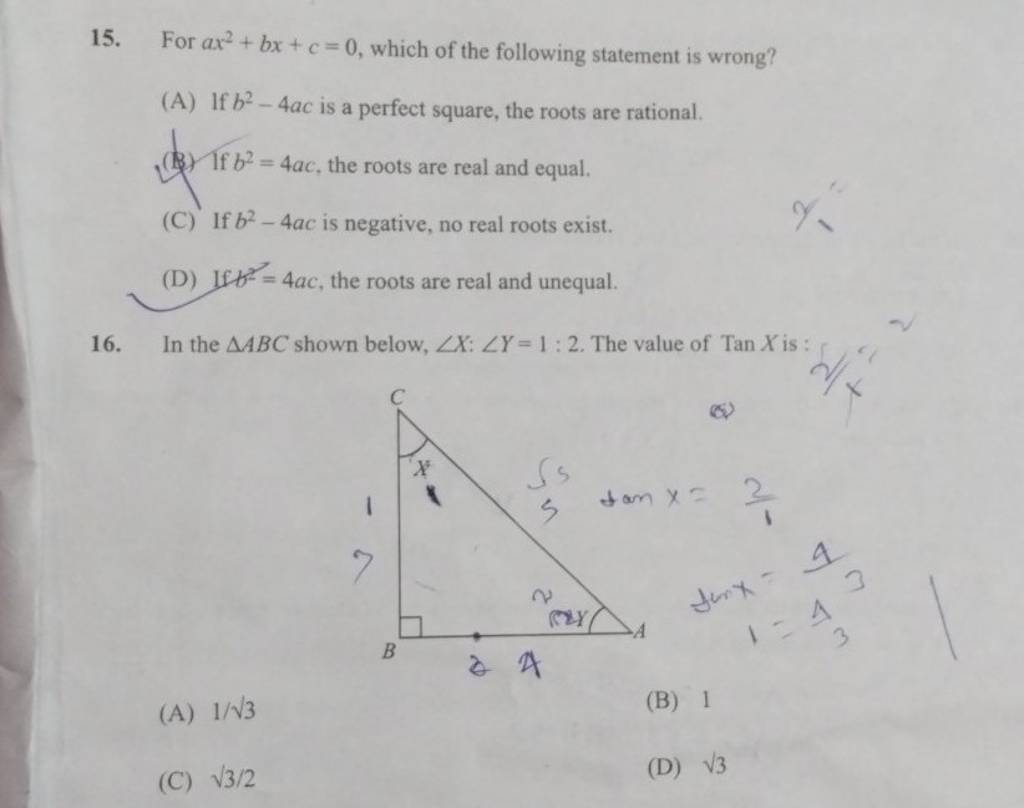 In the ABC shown below, ∠X:∠Y=1:2. The value of TanX is : | Filo