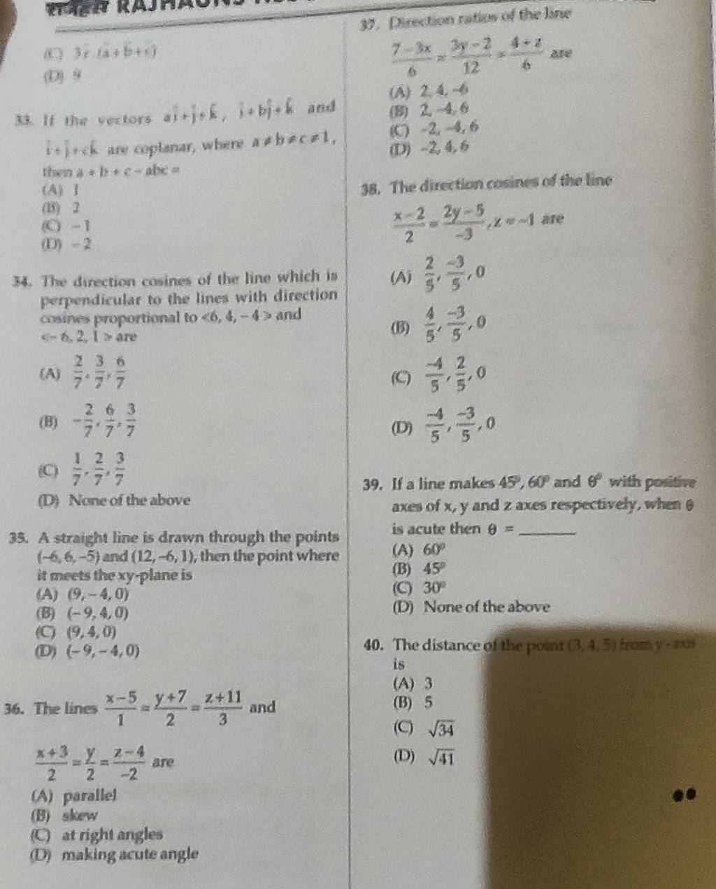 The distance of the poont (3,4,55 from y - eves is | Filo