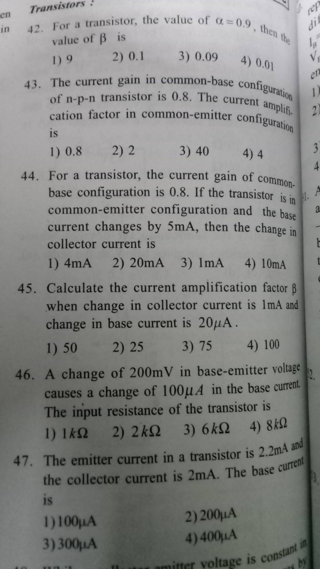 Calculate the current amplification factor β when change in collector cur..