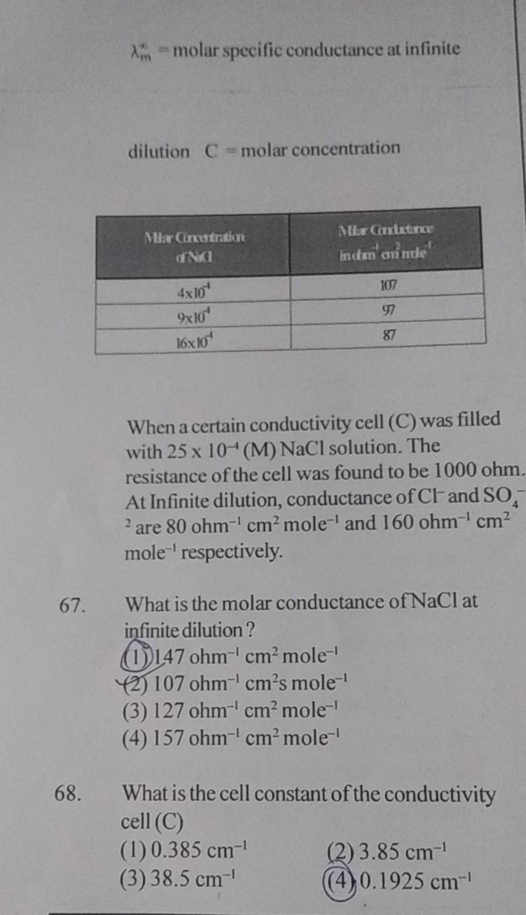 What is the cell constant of the conductivity cell (C) Filo