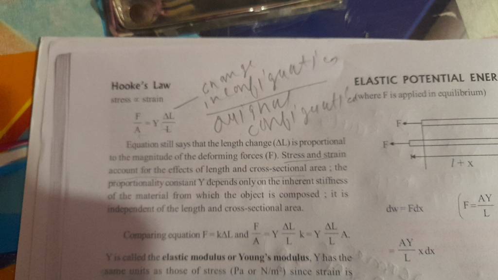Hooke's Law stress ∝ strain ELASTIC POTENTIAL ENER AF =YLAL Al1 Equation..