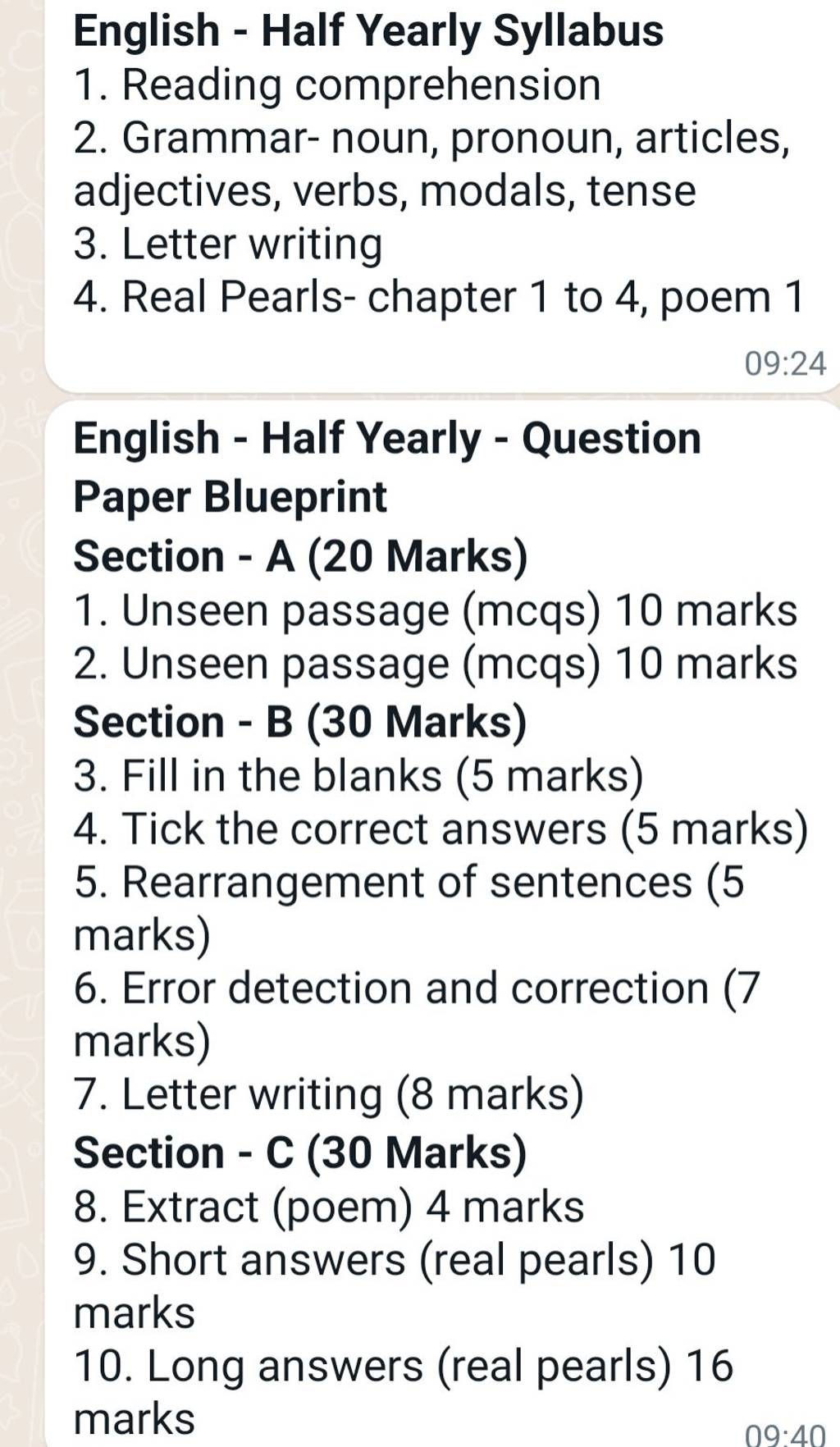 0924 English Half Yearly Question Paper Blueprint Section A (20 Ma..