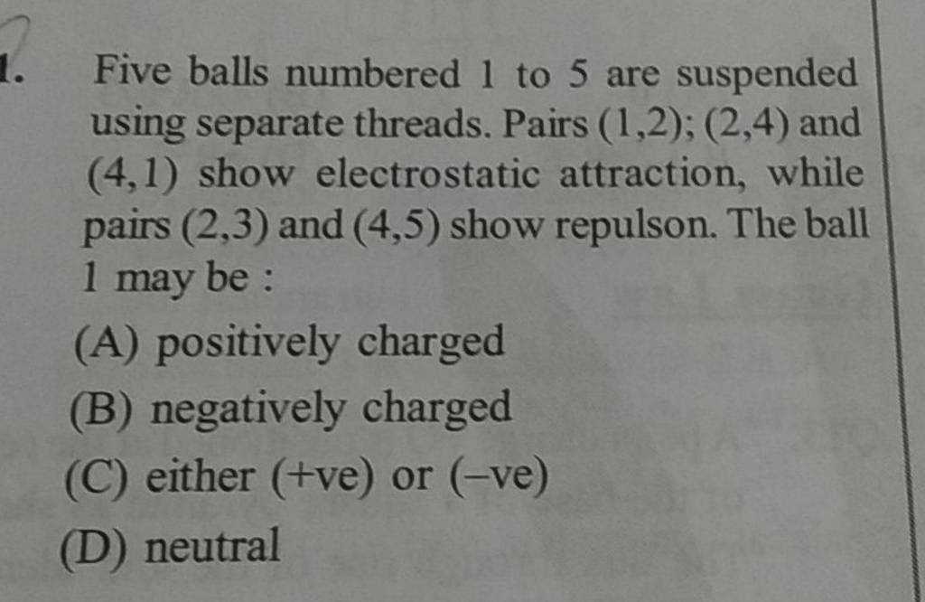 Five balls numbered 1 to 5 are suspended using separate threads. Pairs (1..