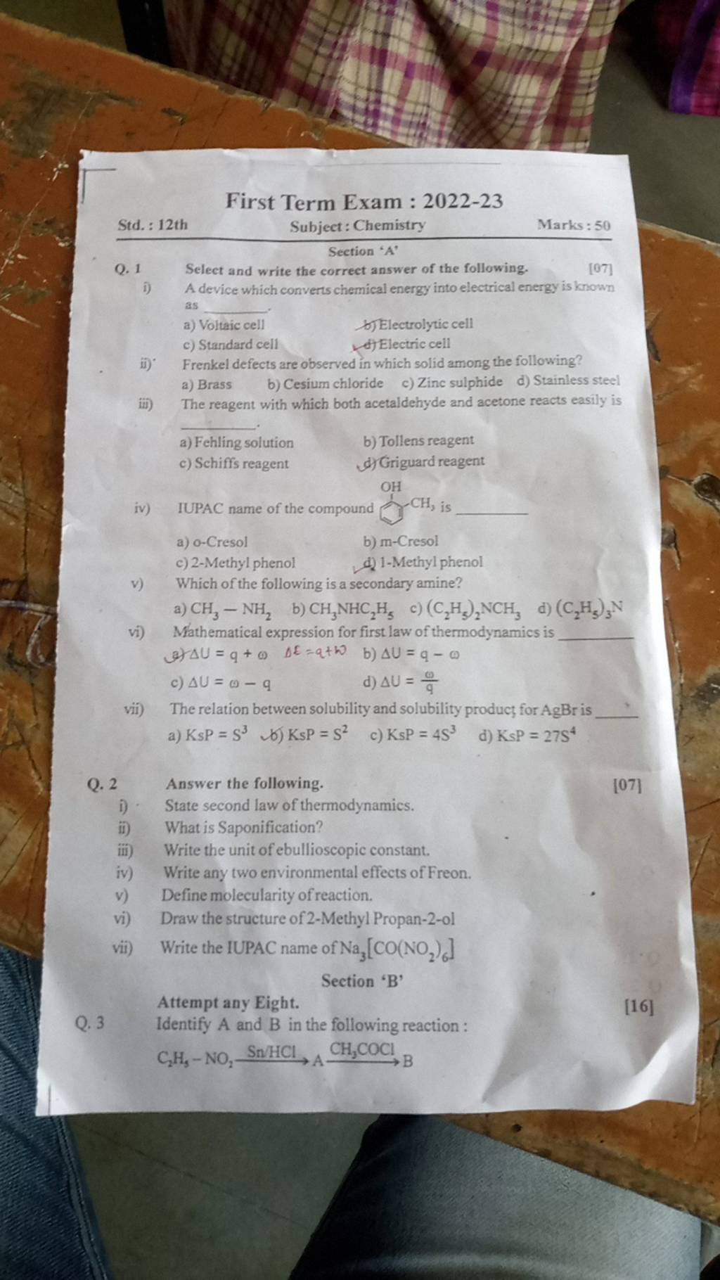 KsP=S3 B) KsP=s2 C) KsP=4 S3 D) KsP=27S4 Q. 2 Answer The Following. [07]..