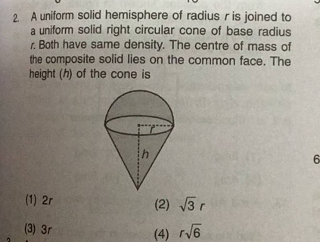 A uniform solid hemisphere of radius r is joined to a uniform solid right..