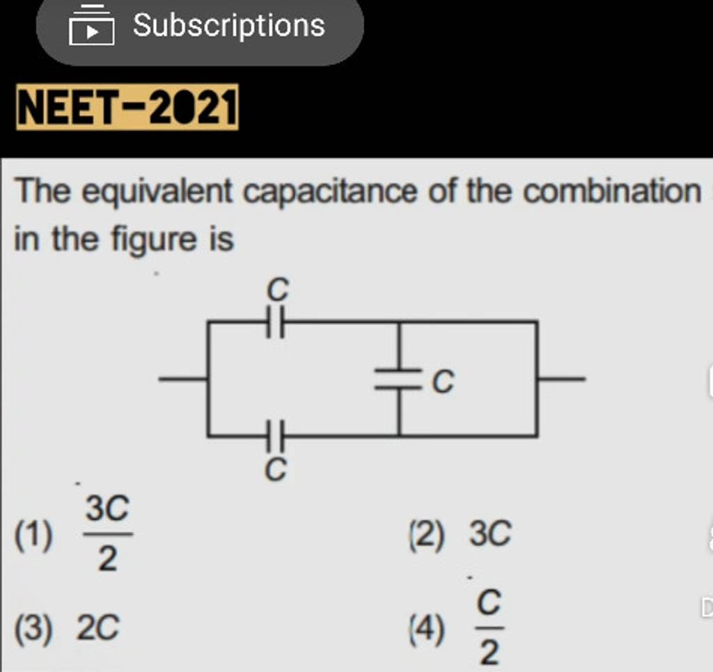 Subscriptions NEET2021 The equivalent capacitance of the combination in