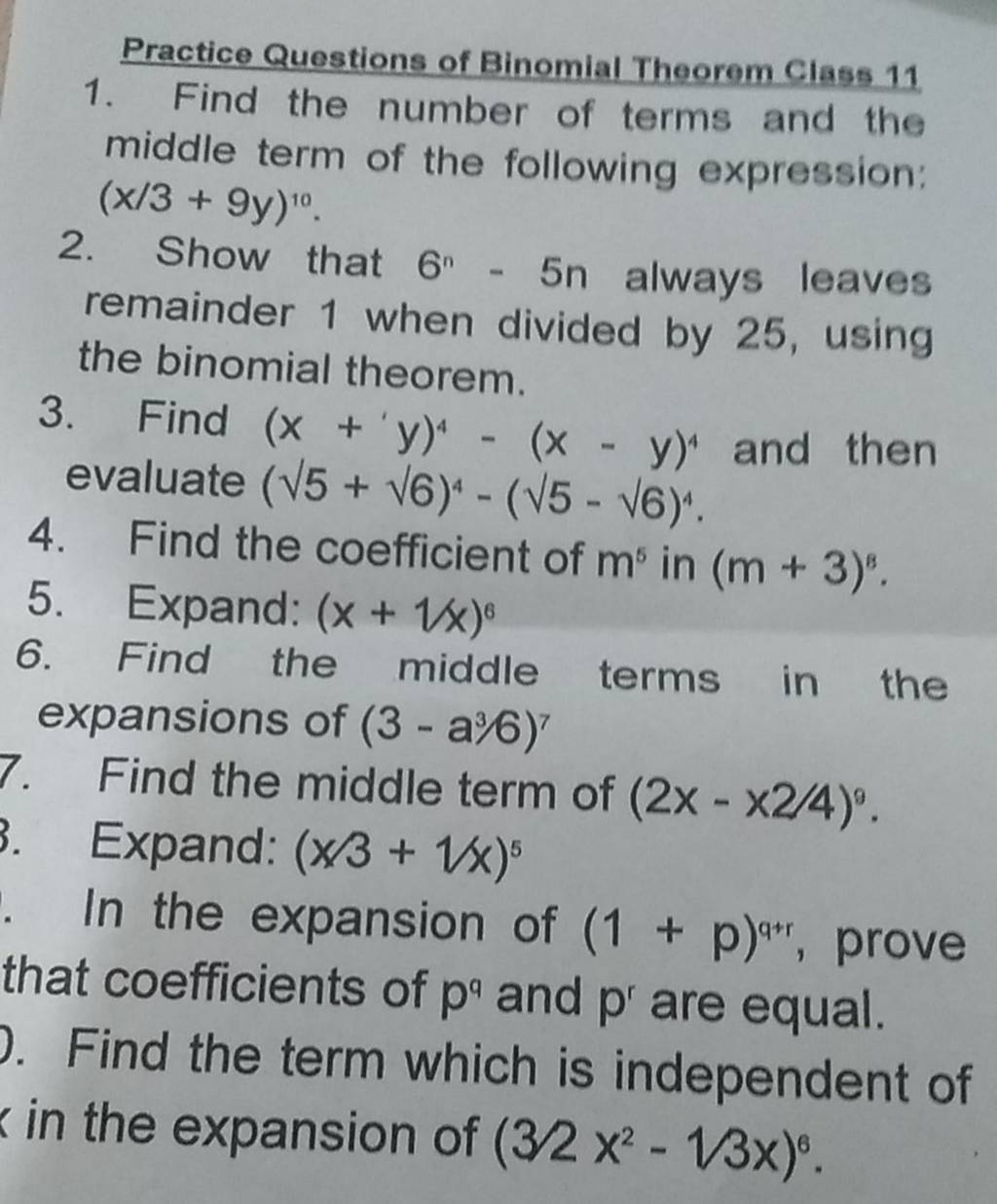 case study questions on binomial theorem class 11