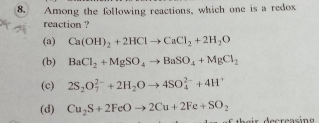 Among the following reactions, which one is a redox reaction ? | Filo