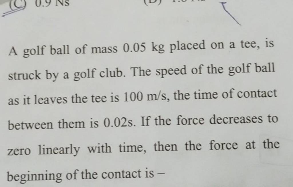 A golf ball of mass 0.05 kg placed on a tee, is struck by a golf club. Th..